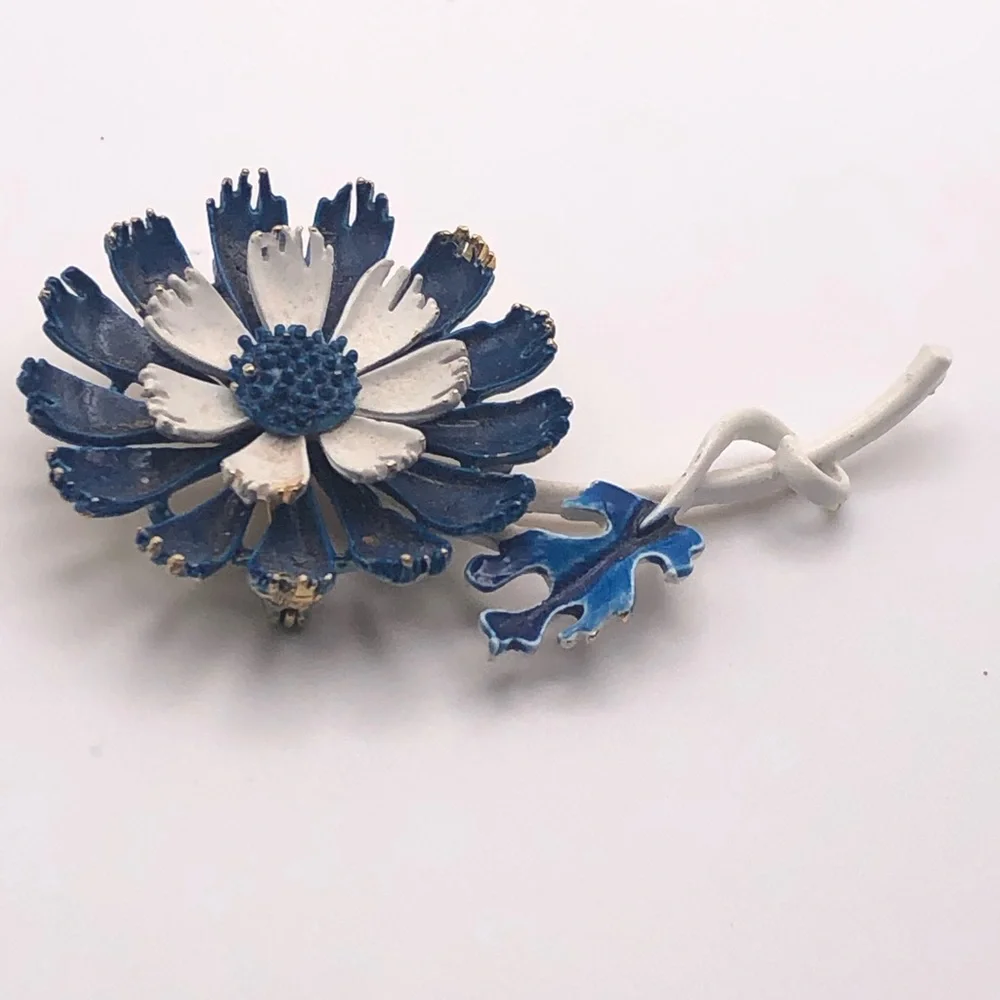 Vintage Blue & White Enamel Flower Brooch